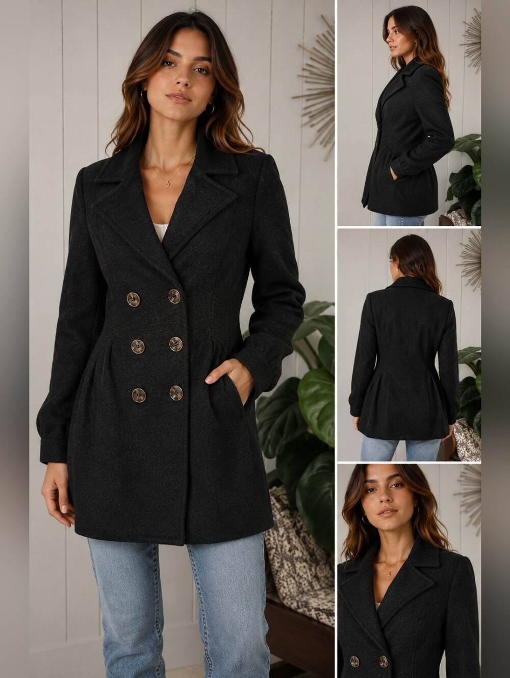 FREE PEOPLE Black Tailored Wool-Blend Double-Breasted Coat. Size Small - Picture 2 of 16